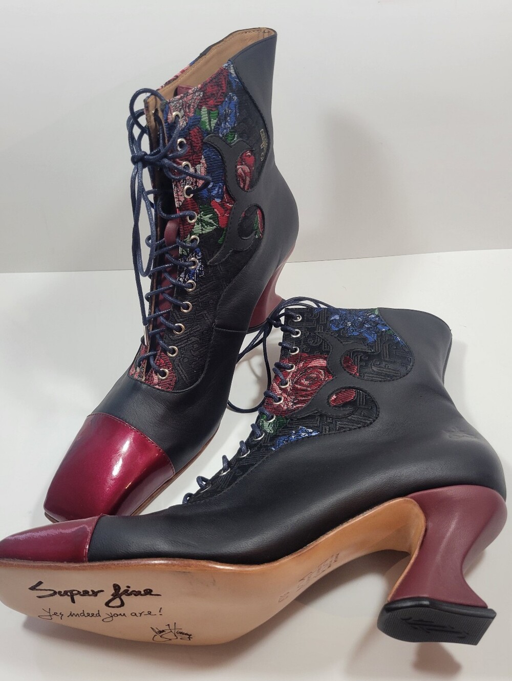 John Fluevog Black Lace-Up Ankle Boot with Red Patent Toe and Brown Heel